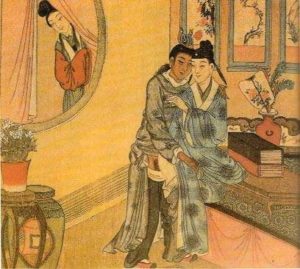 ภาพ หญิงสาว แอบมอง สองหนุ่ม ระหว่างพรอดรักกัน ศิลปะ สมัยราชวงศ์ชิง 