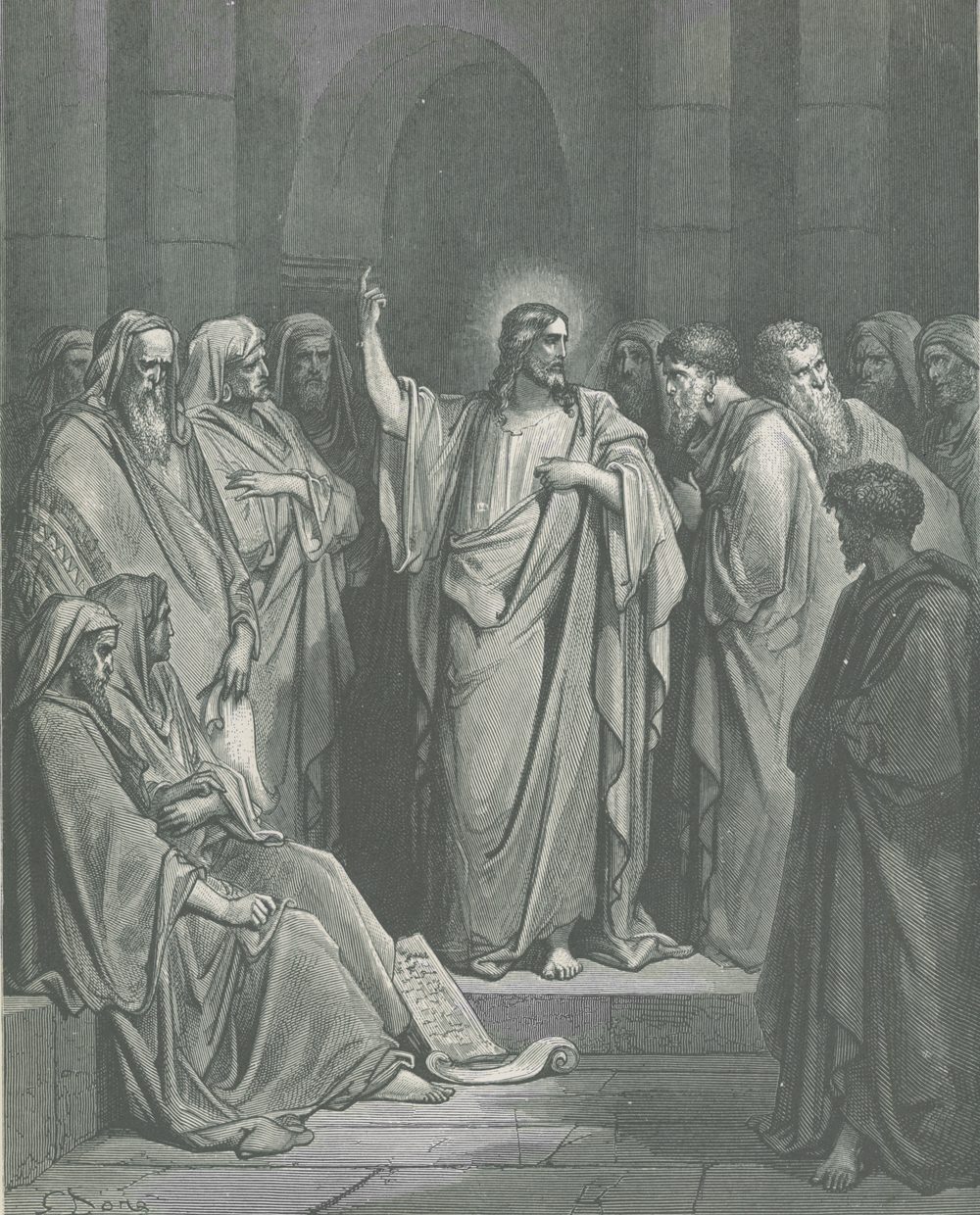 “พระเยซูในโบสถ์ยิว” ภาพโดย Gustave Doré ศิลปินชาวฝรั่งเศส เป็นเหตุการณ์ที่พระเยซูถูกตั้งแง่สงสัยโดยชาวบ้านในนาซาเร็ธตามที่พระวรสารของมัทธิว (๑๓:๕๔, ๕๕) ระบุว่า “เมื่อเสด็จมาถึงตำบลบ้านของพระองค์แล้วก็ทรงสั่งสอนในธรรมศาลานั้นจนผู้คนพากันประหลาดใจและกล่าวว่า...นี่ไม่ใช่ลูกของช่างไม้หรอกหรือ?...” 