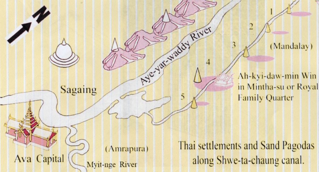 ภาพวาดแผนที่แสดงตำแหน่งที่สันนิษฐานจากการก่อเจดีย์ทรายในชุมชนที่คาดว่าน่าจะเคยมีชาวโยดะยาอยู่อาศัยตลอดลำคลอง ชเว-ตะ-จอง [Shwe-ta-chaung] ภาพจากการวาดของ คุณหมอทิน มอง จี