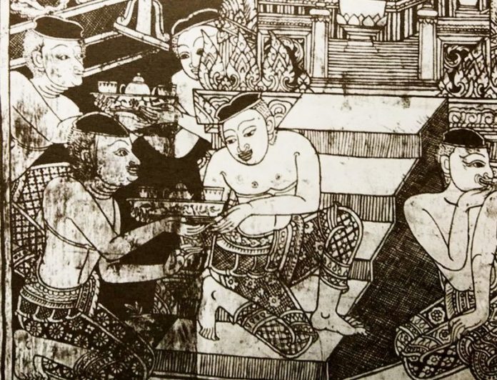 ภาพวาด ขันที ภาพ ขันทีแขก ที่วาดเป็นฉากกั้นเขตพระราชฐานราชสำนักอยุธยา ลักษณะสำคัญที่สังเกตได้คือ เป็นบุคคลที่แต่งตัวโพกผ้า สวมเสื้อคลุมแบบแขกเทศ และมีไม้เท้าที่ไว้คอยกำกับหรือตีบรรดานางกำนัลที่ออกนอกรีตนอกรอย บางครั้งก็ใช้ไล่พวกหนุ่มๆ ที่อแบมาลอบมองหรือเกี้ยวพาราสีนางใน (ภาพจาก หอเขียน วังสวนผักกาด กรุงเทพฯ)