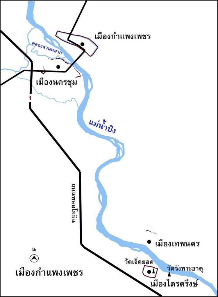 แผนที่ เมืองกำแพงเพชร เมืองนครชุม เมืองไตรตึงษ์ เมืองเทพนคร ตาม แม่น้ำปิง