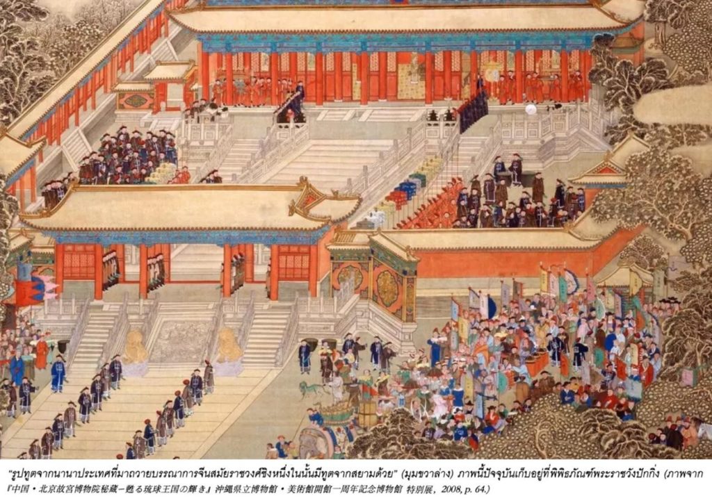 รูปทูตจากนานาประเทศที่มาถวายบรรณาการจีน สมัยราชวงศ์ชิง หนึ่งในนั้นมีทูตจากสยาม (มุมขวาล่าง) ภาพนี้ปัจจุบันเก็บรักษาที่พิพิธภัณฑ์พระราชวังปักกิ่ง