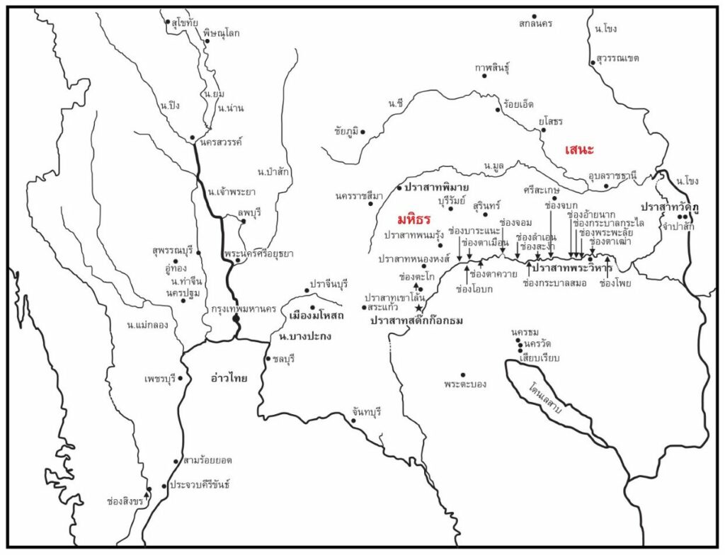 แผนที่ แสดงหลักแหล่งดั้งเดิมของ กษัตริย์กัมพูชา บริเวณลุ่มน้ำมูล-ชี อีสานใต้