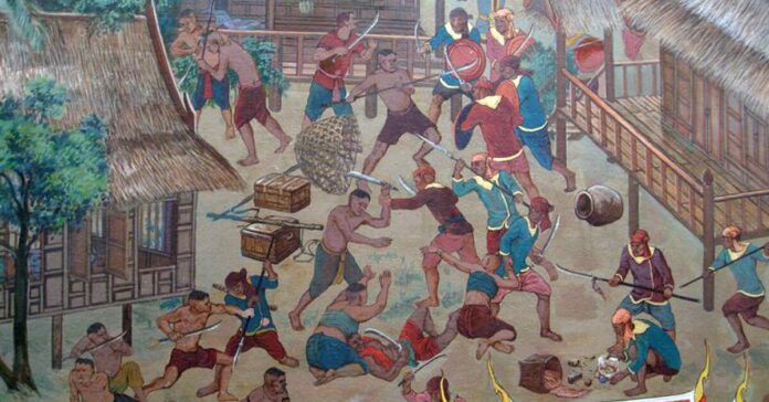 กรุงศรีอยุธยา พม่า สงคราม ภาพประกอบเนื้อหา - ราษฎรกรุงศรีอยุธยาต่อสู้กับทหารพม่าที่เข้ามาปล้นฆ่า (ภาพจิตรกรรมฝาผนังภายในอาคารภาพปริทัศน์ อนุสรณ์สถานแห่งชาติ)