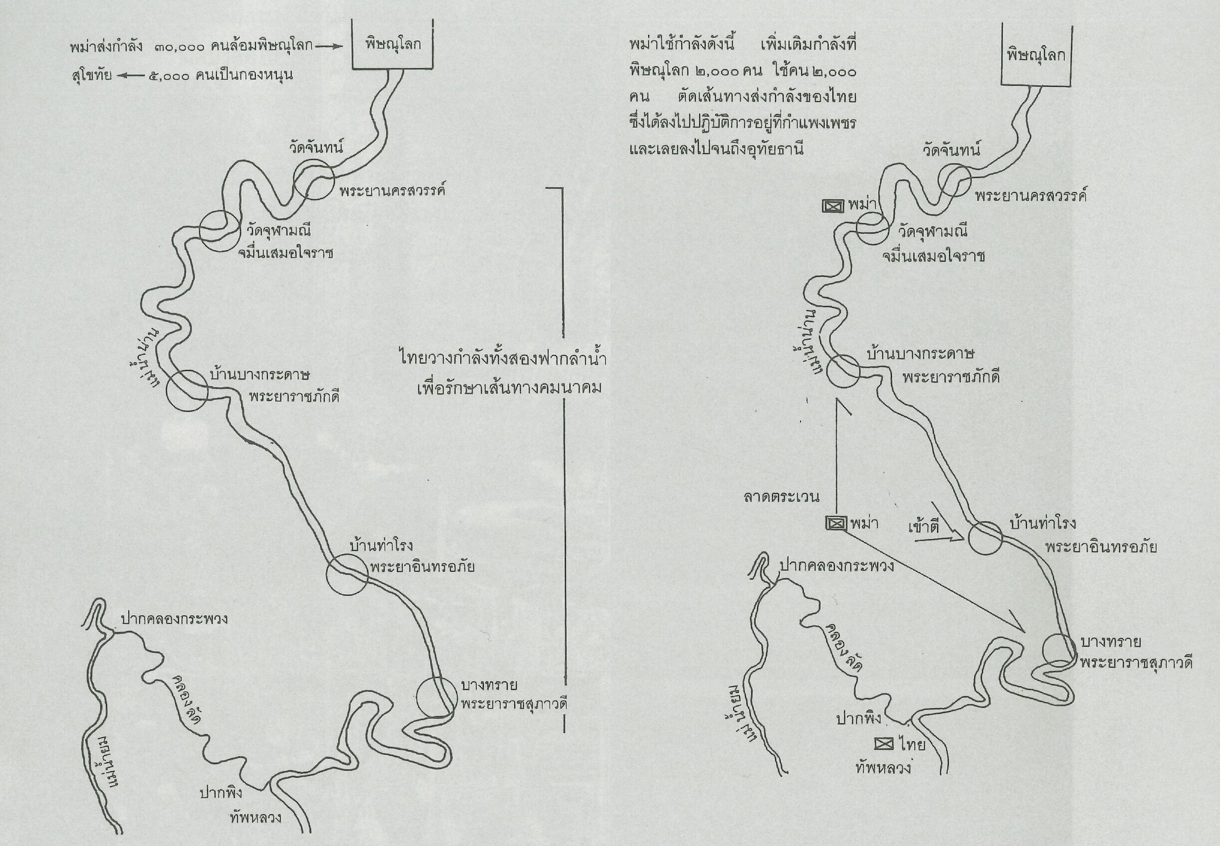 แผนที่ การตั้งค่าย และ กองกำลัง ของ ฝ่ายไทย และ พม่า ใน สมรภูมิปากพิง