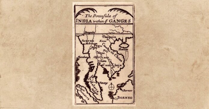 แผนที่สยามของชาวอังกฤษเก่าแก่สุด พิมพ์ที่กรุงลอนดอน ราว ค.ศ. 1678-9/พ.ศ. 2221-2 (ภาพคอลเลคชั่นของคุณธวัชชัย ตั้งศิริวานิช)