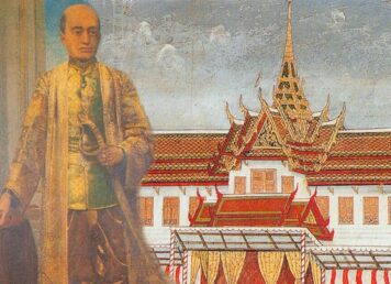รัชกาลที่ 2 ฉากหลัง คือ จิตรกรรม พระที่นั่งสุทไธสวรรยปราสาท
