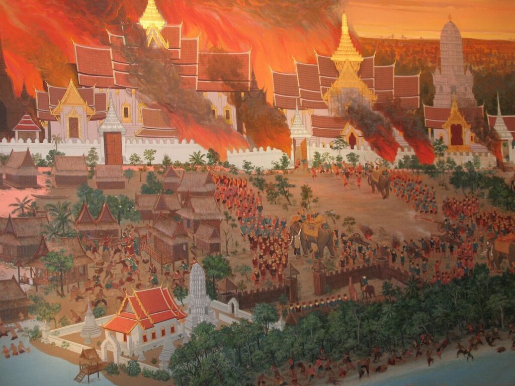 สงครามเมื่อครั้งเสียกรุงศรีอยุธยา จิตรกรรมฝาผนังภายในอาคารภาพปริทัศน์ อนุสรณ์สถานแห่งชาติ จังหวัดปทุมธานี
