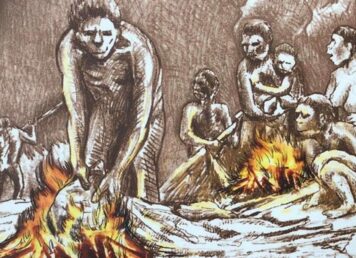ภาพวาด บรรพบุรุษ มนุษย์โบราณ กับ กองไฟ ไฟ