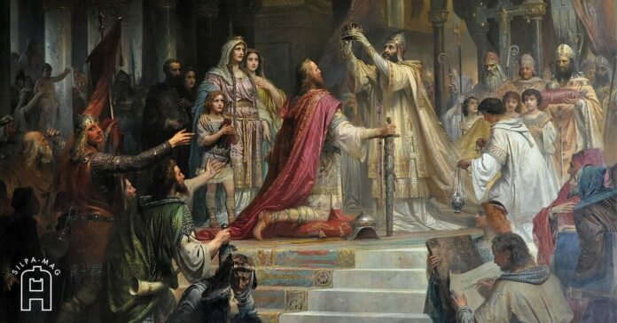 พิธี สถาปนา พระเจ้าชาร์เลอมาญ เป็น จักรพรรดิโรมัน โดย พระสันตะปาปาลีโอที่ 3 สัญลักษณ์ ยุคกลาง ของยุโรป และ อำนาจ ของ คริสตจักร โรมันคาทอลิก