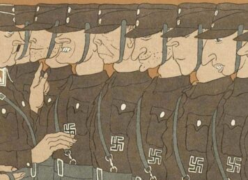 ภาพวาดหน่วย Sturmabteilung ในนิตยสาร Simplicissimus ของนาซี ประกอบเรื่อง เครื่องแบบนาซี