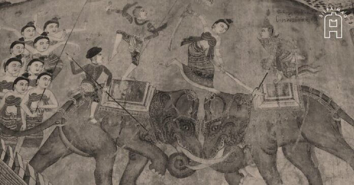 ภาพปก-จิตรกรรม ภาพ จิตกรรม สงครามยุทธหัตถี ระหว่าง นางพรหมจารี กับ พระเจ้ากาวินทราช