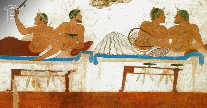 ภาพปูนเปียก งานเลี้ยงสังสรรค์ ของ ชาวกรีก ชนชาติ กรีก ที่มี ระบบ เปเดรัสตี วัฒนธรรม รักร่วมเพศ