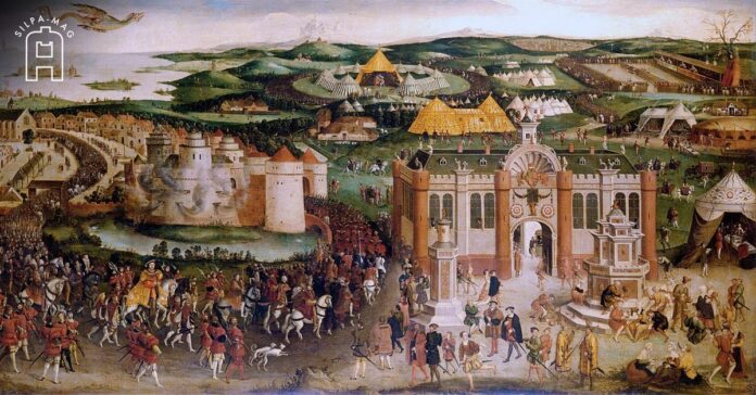 ภาพเขียนสี เหตุการณ์ Field of Cloth of Gold งานเลี้ยง ปาร์ตี้ ระหว่าง พระเจ้าเฮนรี กษัตริย์อังกฤษ กับ กษัตริย์ฝรั่งเศส