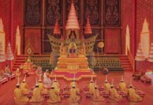 จิตรกรรม พระราชประวัติ ทรงปราบดาภิเษกขึ้นเป็นพระมหากษัตริย์ ใน ศาลสมเด็จพระเจ้าตากสินมหาราช วัดสมณโกฎฐาราม พระนครศรีอยุธยา จักรพรรดิราช