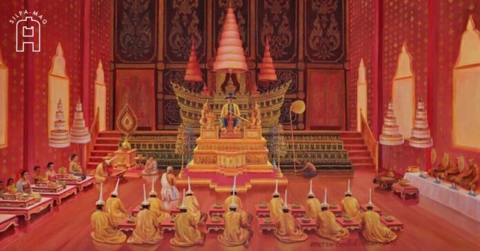 จิตรกรรม พระราชประวัติ ทรงปราบดาภิเษกขึ้นเป็นพระมหากษัตริย์ ใน ศาลสมเด็จพระเจ้าตากสินมหาราช วัดสมณโกฎฐาราม พระนครศรีอยุธยา