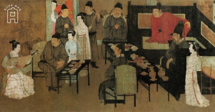 ชนชั้นนำจีน จักรพรรดิ นั่งดู หญิง บรรเลง ดนตรี เพลง