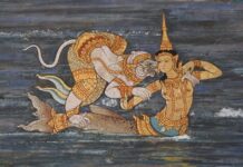 “น้ำ” ในวรรณคดีทำให้เรื่อง “เพศ” ที่เป็นมุมปกปิด กลายเป็นเรื่องไม่ลับได้อย่างไร? น้ำ ในวรรณคดี หนุมานจับนางสุพรรณมัจฉา ภาพจิตรกรรม วัดพระแก้ว