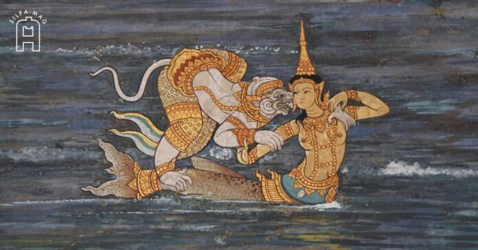 น้ำ ในวรรณคดี หนุมานจับนางสุพรรณมัจฉา ภาพจิตรกรรม วัดพระแก้ว