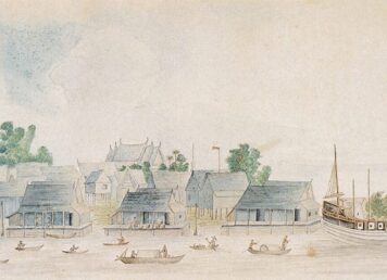 เทาเซนด์ แฮรีส ทูตสหรัฐฯ ชม ชนบทสยาม บ้านเรือน วัดวาอาราม ริมแม่น้ำเจ้าพระยา ภาพเขียนสีน้ำโดย ดร. จอร์จ ฟินเลย์สัน