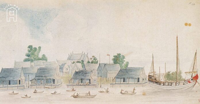 เทาเซนด์ แฮรีส ทูตสหรัฐฯ ชม ชนบทสยาม บ้านเรือน วัดวาอาราม ริมแม่น้ำเจ้าพระยา ภาพเขียนสีน้ำโดย ดร. จอร์จ ฟินเลย์สัน
