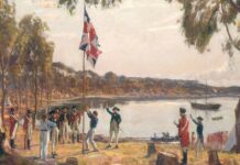 ทหาร ชัก ธง สหราชอาณาจักร เหนือ ดินแดน New South Wales บริเวณ อ่าวซิดนีย์ 26 มกราคม 1788