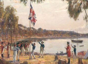 ทหาร ชัก ธง สหราชอาณาจักร เหนือ ดินแดน New South Wales บริเวณ อ่าวซิดนีย์ 26 มกราคม 1788