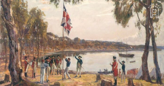 ทหาร ชัก ธง สหราชอาณาจักร เหนือ ดินแดน New South Wales บริเวณ อ่าวซิดนีย์ 26 มกราคม 1788