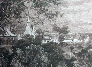 ภาพพิมพ์ลายเส้น THE ROYAL GARDEN,SIAM พระราชอุทยานสราญรมย์ วัดราชประดิษฐสถิตมหาสีมาราม พระหารหลวง ปาสาณเจดีย์ พระปรางค์เขมร ตำหนัก สมเด็จพระสังฆราช