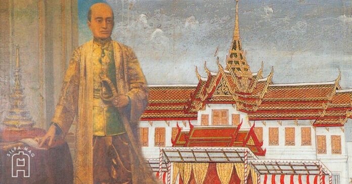รัชกาลที่ 2 กรมหลวงอิศรสุนทร ฉากหลัง คือ จิตรกรรม พระที่นั่งสุทไธสวรรยปราสาท พระราชโอรสรัชกาลที่ 2 เจ้าฟ้ากรมหลวงอิศรสุนทร
