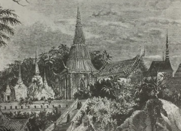 วัดพระพุทธบาท สระบุรี ที่ประดิษฐานรอบพระพุทธบาท ภาพวาดลายเส้นโดยคาเตนัชชี จากรูปสเก็ตช์ของมูโอต์