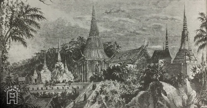 วัดพระพุทธบาท สระบุรี ที่ประดิษฐานรอบพระพุทธบาท ภาพวาดลายเส้นโดยคาเตนัชชี จากรูปสเก็ตช์ของมูโอต์