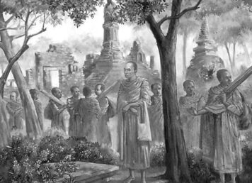 ภิกษุเจ้าฟ้ามงกุฎ หรือรัชกาลที่ 4 และ พระสงฆ์ ธุดงค์ ฉากหลัง เป็น เจดีย์ ทรงพุ่มข้าวบิณฑ์ สุโขทัย พระบาทสมเด็จพระจอมเกล้าเจ้าอยู่หัว รัชกาลที่ 4 ครั้ง ผนวช เป็น พระวชิรญาณเถระ ได้ ก่อตั้ง ธรรมยุติกนิกาย ธรรมยุติกนิกาย พุทธศาสนา