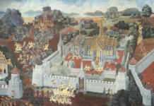 จิตรกรรมฝาผนังเรื่องรามเกียรติ์ วัดพระแก้ว ห้องที่ 129 ท้าวจักรวรรดิยกทัพประชิดลงกา พิเภกรบแพ้ถูกจำตรุขังไว้ “ปฏิวัติ” ฉบับรามเกียรติ์