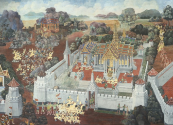 จิตรกรรมฝาผนังเรื่องรามเกียรติ์ วัดพระแก้ว ห้องที่ 129 ท้าวจักรวรรดิยกทัพประชิดลงกา พิเภกรบแพ้ถูกจำตรุขังไว้ “ปฏิวัติ” ฉบับรามเกียรติ์
