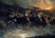 ภาพที่มีชื่อว่า The Wild Hunt of Odin การล่าสัตว์ป่าของทวยเทพจากนิทานพื้นบ้านสแกนดิเนเวีย วาดโดย Peter Nicolai Arbo เมื่อปี 1872 กำเนิดเทพเจ้า ใน ปกรณัมนอร์ส ของดินแดนสแกนดิเนเวีย