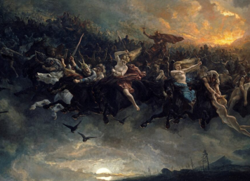 ภาพที่มีชื่อว่า The Wild Hunt of Odin การล่าสัตว์ป่าของทวยเทพจากนิทานพื้นบ้านสแกนดิเนเวีย วาดโดย Peter Nicolai Arbo เมื่อปี 1872 กำเนิดเทพเจ้า ใน ปกรณัมนอร์ส ของดินแดนสแกนดิเนเวีย