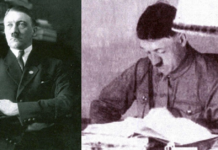 ฮิตเลอร์ขณะอ่านหนังสือที่โต๊ะ ภาพถ่ายเมื่อตอนต้นศตวรรษ 1920
