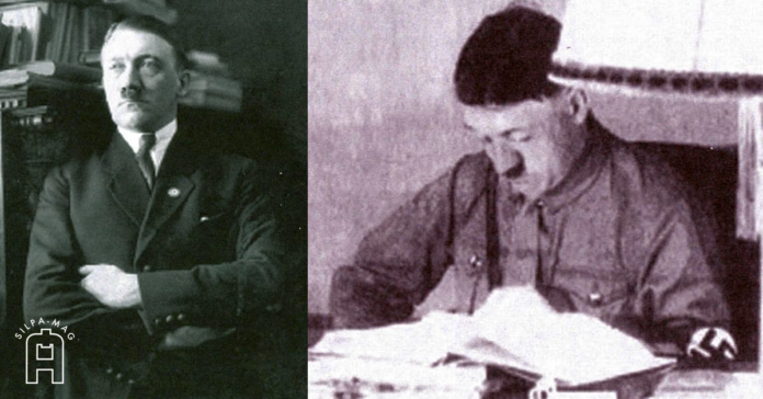 ฮิตเลอร์ขณะอ่านหนังสือที่โต๊ะ ภาพถ่ายเมื่อตอนต้นศตวรรษ 1920