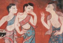 ฉาก เกี้ยวพาราสี ใน จิตรกรรมฝาผนัง ภายใน อุโบสถ วัดวัง พัทลุง พระร่วงเป็นชายชู้ ขายขนมจีบ