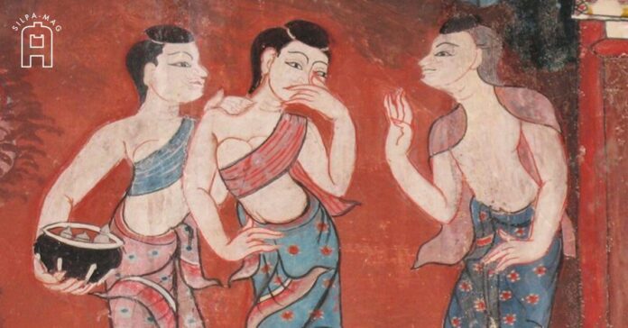 ฉาก เกี้ยวพาราสี ใน จิตรกรรมฝาผนัง ภายใน อุโบสถ วัดวัง พัทลุง พระร่วงเป็นชายชู้ ขายขนมจีบ