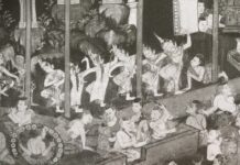 ร้องรำทำเพลง ข้างวัง ในภาพจิตรกรรมฝาผนัง พระอุโบสถวัดมัชฌิมาวาส อำเภอเมือง จังหวัดสงขลา ประกอบเรื่อง นาฏศิลป์อยุธยาในพม่า