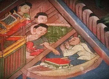 เจ๊ก คนจีน พายเรือ ขายของ กับสาวๆ ชาวสยาม จิตรกรรมฝาผนัง ภายใน พระวิหารน้อย วัดกัลยาณมิตร คำว่า เจ๊ก