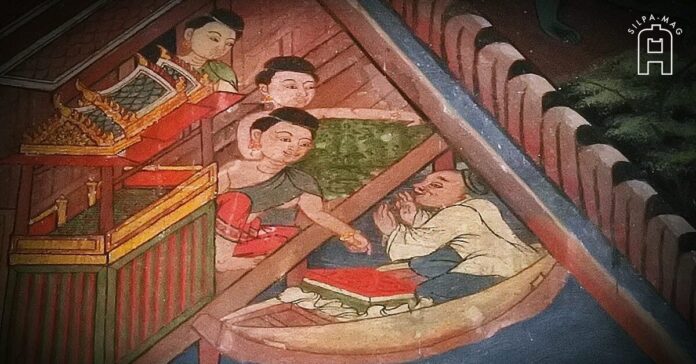 เจ๊ก คนจีน พายเรือ ขายของ กับสาวๆ ชาวสยาม จิตรกรรมฝาผนัง ภายใน พระวิหารน้อย วัดกัลยาณมิตร คำว่า เจ๊ก