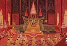 จิตรกรรม พระราชประวัติ ทรงปราบดาภิเษกขึ้นเป็นพระมหากษัตริย์ ศาลสมเด็จพระเจ้าตากสินฯ วัดสมณโกฎฐาราม จังหวัดพระนครศรีอยุธยา ประกอบเนื้อหา เจ้าฟ้าจุ้ย พระราชโอรสองค์ใหญ่พระเจ้าตาก