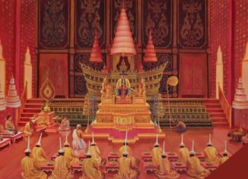 จิตรกรรม พระราชประวัติ ทรงปราบดาภิเษกขึ้นเป็นพระมหากษัตริย์ ศาลสมเด็จพระเจ้าตากสินฯ วัดสมณโกฎฐาราม จังหวัดพระนครศรีอยุธยา ประกอบเนื้อหา เจ้าฟ้าจุ้ย พระราชโอรสองค์ใหญ่พระเจ้าตาก