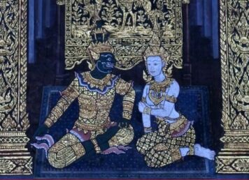 ทศกัณฐ์ นางมณโฑ รามเกียรติ์ จิตรกรรม ประกอบเรื่อง กลศึกสวาท นางมณโฑ-ทศกัณฐ์-หนุมาน
