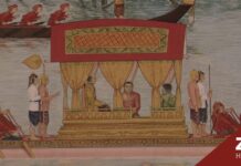 พระบาทสมเด็จพระพุทธเลิศหล้านภาลัย (รัชกาลที่ 2) และกรมหมื่นเจษฎาบดินทร์ (รัชกาลที่ 3) จิตรกรรมฝาผนังศาลาทรงยุโรป หลังพระสมุทรเจดีย์ สมุทปราการ ประกอบเรื่อง ผลัดแผ่นดินรัชกาลที่ 2