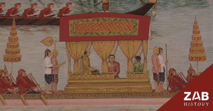 พระบาทสมเด็จพระพุทธเลิศหล้านภาลัย (รัชกาลที่ 2) และกรมหมื่นเจษฎาบดินทร์ (รัชกาลที่ 3) จิตรกรรมฝาผนังศาลาทรงยุโรป หลังพระสมุทรเจดีย์ สมุทปราการ ประกอบเรื่อง ผลัดแผ่นดินรัชกาลที่ 2