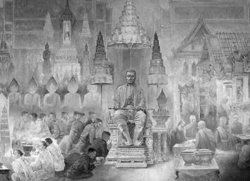 ภาพเขียนพระบาทสมเด็จพระพุทธยอดฟ้าจุฬาโลกมหาราชโปรดเกล้าฯ ให้สร้างพระนครและพระบรมมหาราชวังขึ้นทางฟากตรงข้ามกับกรุงธนบุรี เขียนโดย อาจารย์พิชัย นิรันต์ ปัจจุบันภาพนี้อยู่ที่อาคารรัฐสภา ประกอบเรื่อง กลียุคปลายกรุงธนบุรี